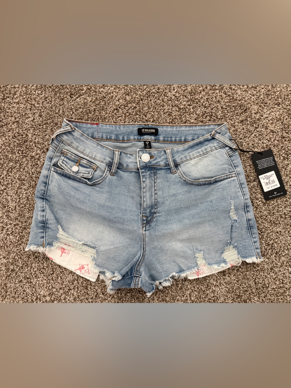 True Religion Light Blue Distressed Denim Shorts